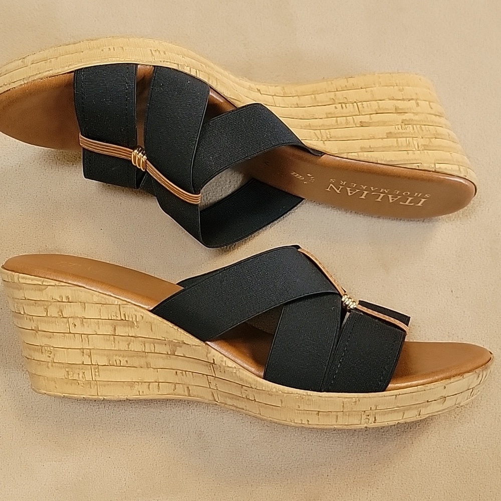 Italian Shoemakers Black Stretch Strap w/ Brown Accent Wedge Sandal Size 11 NWOT - Picture 3 of 8
